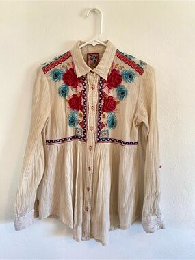 3J Workshop by Johnny Was Embroidered Peacock & Roses Cotton Button Down